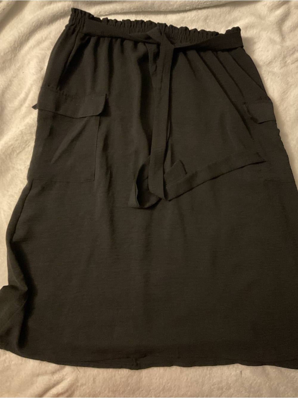 Women’s Black Midi Skirt with Utility Pockets and Waist Tie